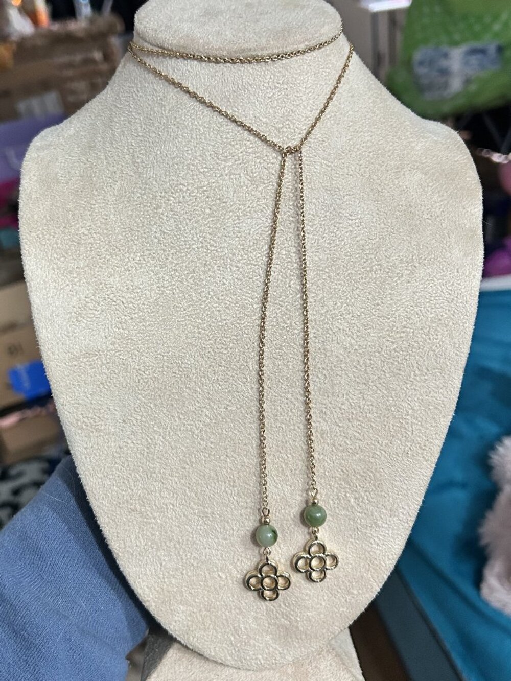 Vintage Avon 1979 Florette Lariat Necklace - Gold Tone & Faux Jade - 34 Inch